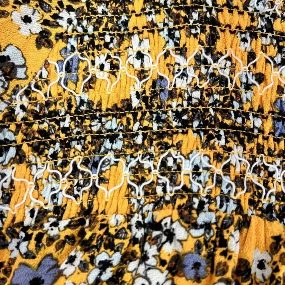 FREE PEOPLE Yellow Flowers in Her Hair Boho Print Smocked Long Tunic Top sz XS